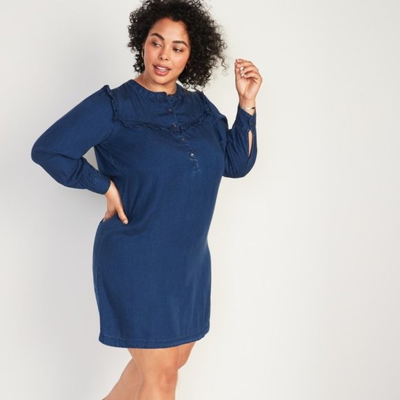 Old Navy Dresses & Skirts - Old Navy Chambray Ruffle-Yoke No-Peek Popover Shirt Dress PLUS XXL EUC